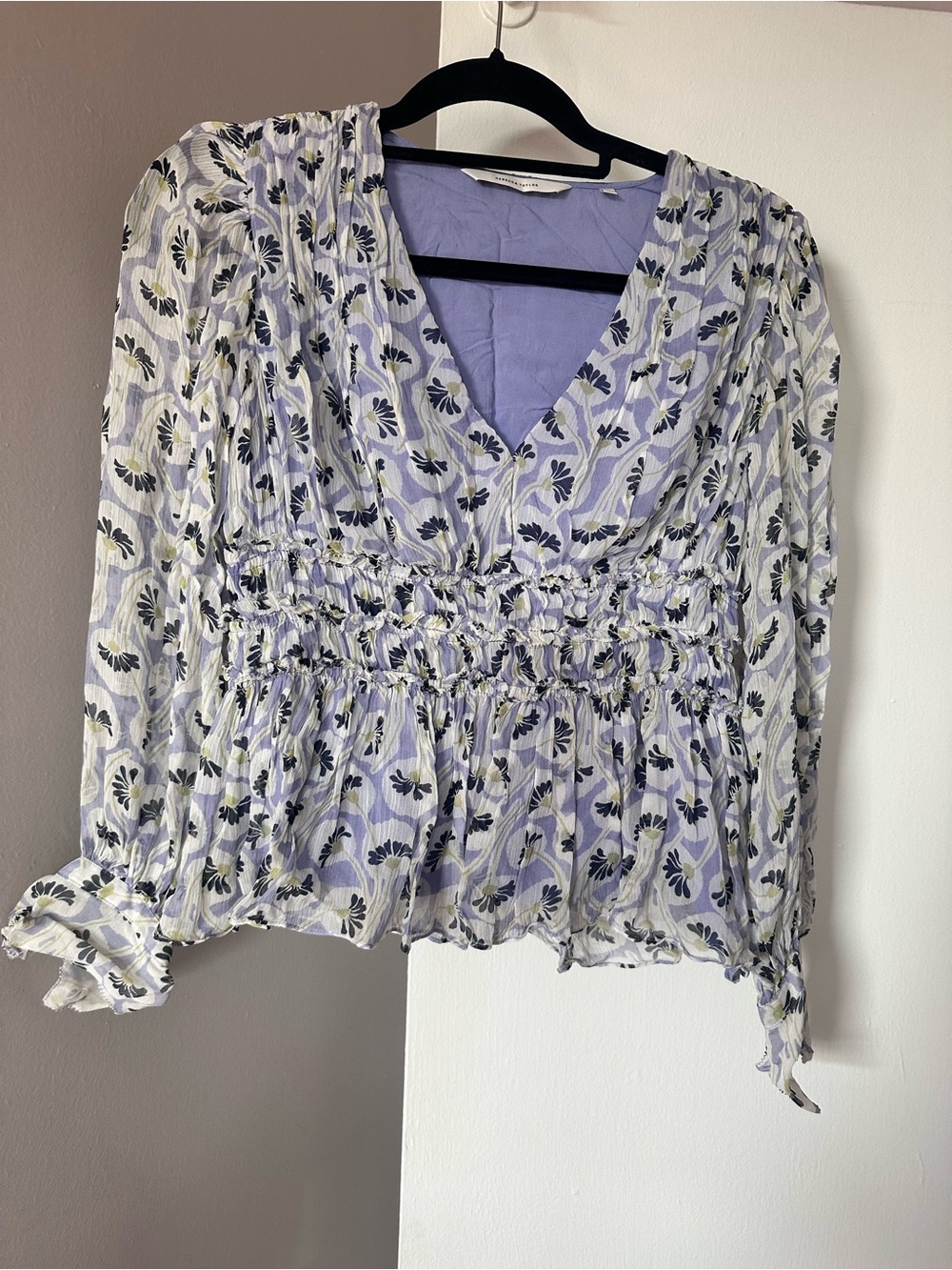 Rebecca Taylor Lavender Floral Smocked V-Neck Blouse